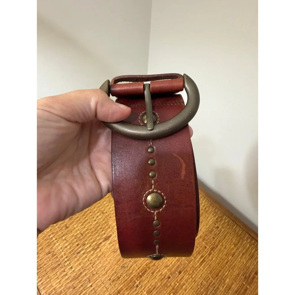 Fossil Wide Leather Belt Brown Studded Brass Horseshoe Ring Buckle Boho Western
